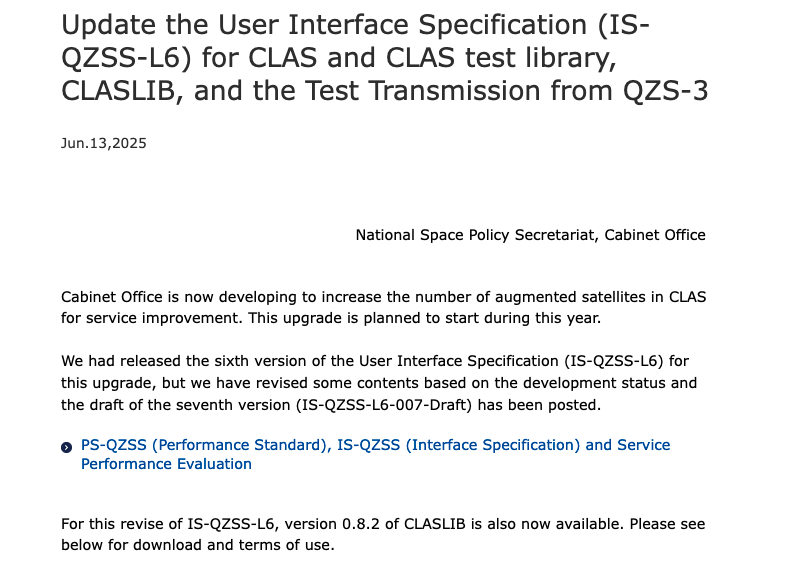 Update the User Interface Specification (IS-QZSS-L6) for CLAS and CLAS test library, CLASLIB, and the Test Transmission from QZS-3