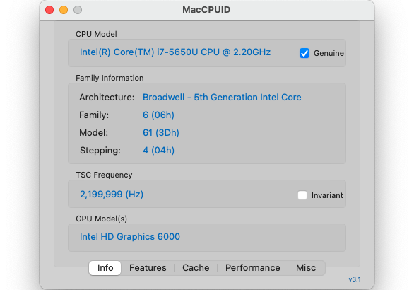 Macbook Air Intel Core i7-5650U CPUID