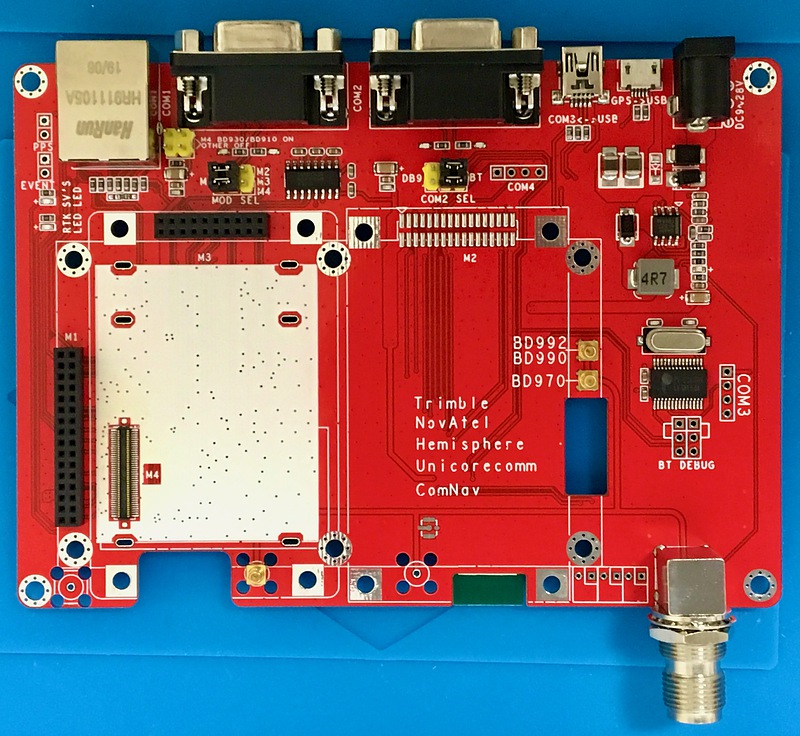 Top view of a GNSS receiver development board