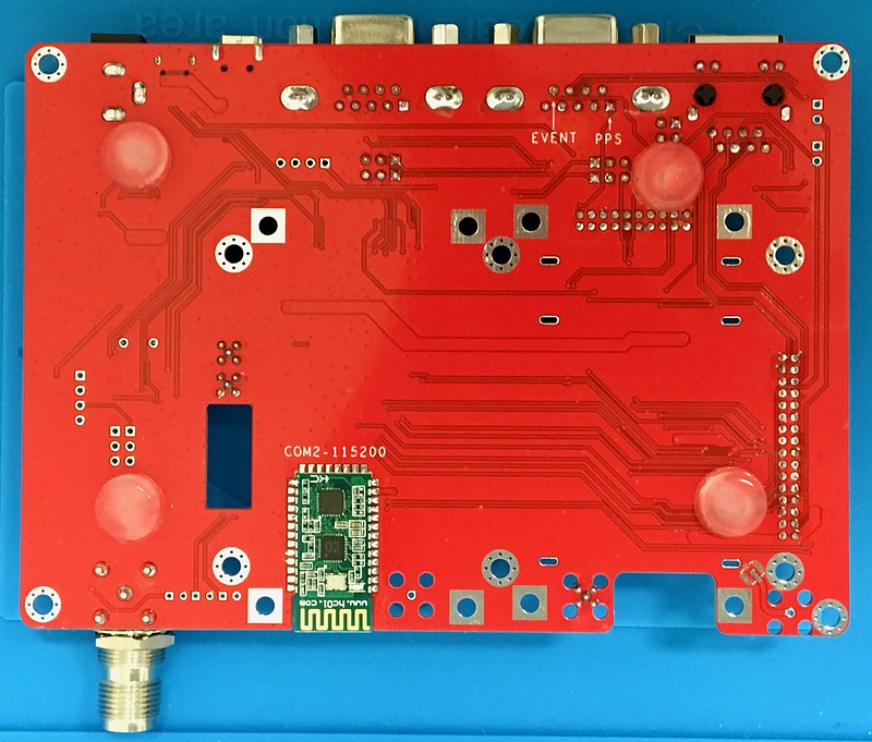 Bottom view of a GNSS receiver development board