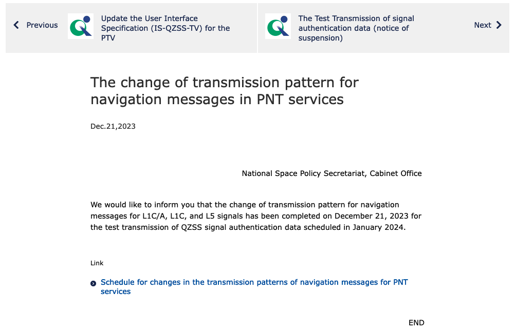 QZSS PNT tarnsmission pattern change announcement