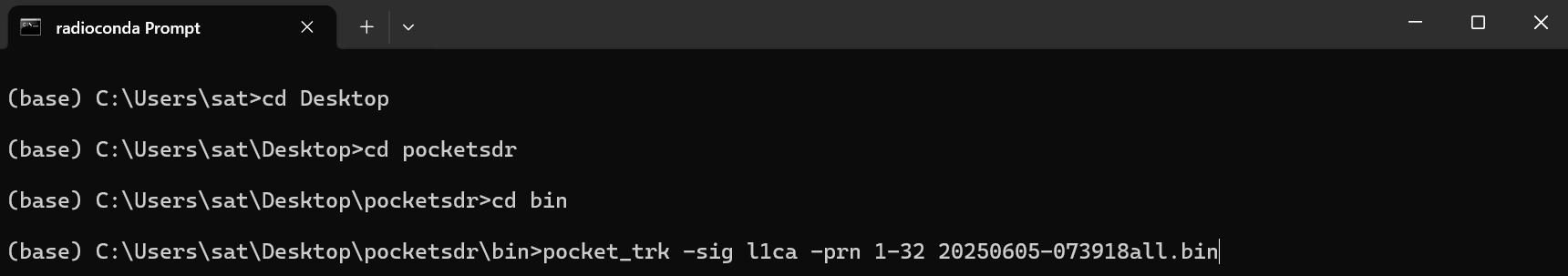 Running Pocket SDR from the radioconda command prompt